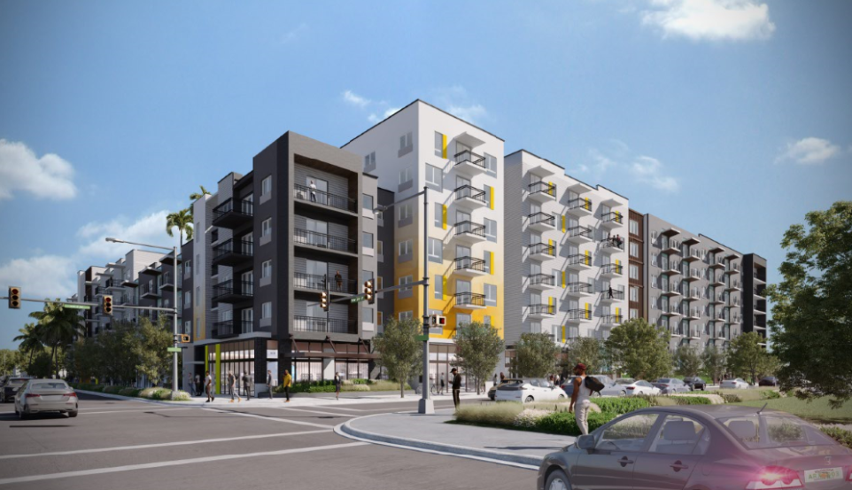 A modern apartment building with a mix of black and white and yellow accents.